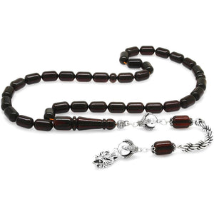 925 Sterling Silver Gray Wolf Rope Tassel Capsule Cut Dark Red Drop Amber Rosary - EFENDINA PAZAR - Tesbihane - 101004312