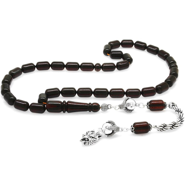 925 Sterling Silver Gray Wolf Rope Tassel Capsule Cut Dark Red Drop Amber Rosary - EFENDINA PAZAR - Tesbihane - 101004312