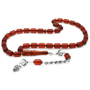 925 Sterling Silver Gray Wolf Rope Tassel Capsule Cut Flag Red Drop Amber Rosary - EFENDINA PAZAR - Tesbihane - 101004315