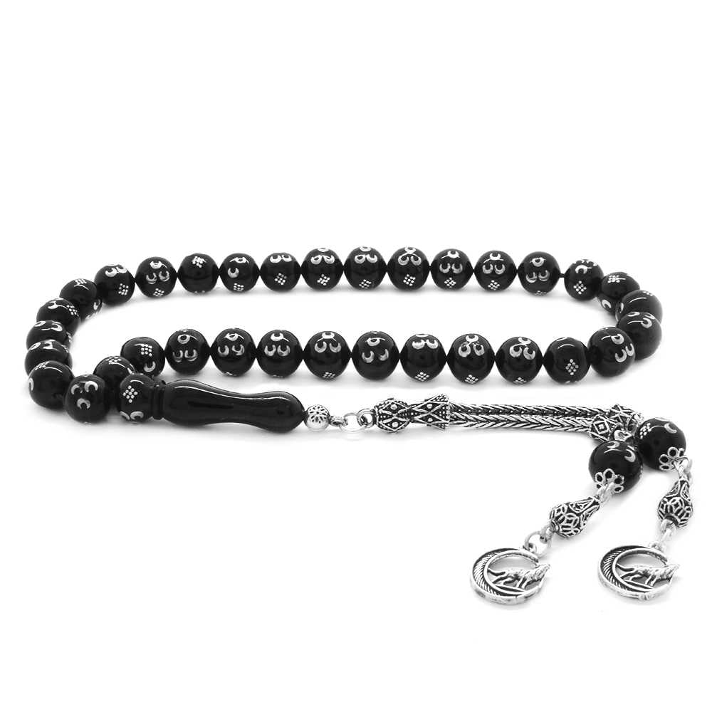 925 Sterling Silver Gray Wolf Tasseled Silver 3 Crescents Embroidered Erzurum Oltu Stone Prayer Beads - EFENDINA PAZAR - Tesbihane - 101002230