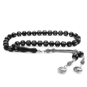 925 Sterling Silver Gray Wolf Tasseled Silver 3 Crescents Embroidered Erzurum Oltu Stone Prayer Beads - EFENDINA PAZAR - Tesbihane - 101002230