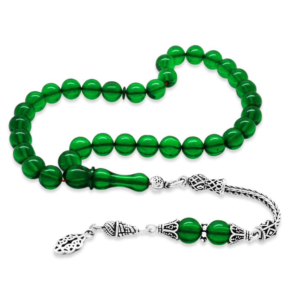 925 Sterling Silver Green Amber Rosary with Tassels - EFENDINA PAZAR - Tesbihane - 101004579