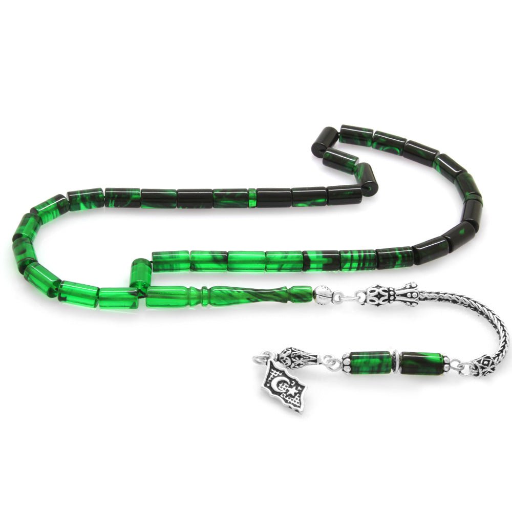 925 Sterling Silver Green - Black Fire Amber Rosary - EFENDINA PAZAR - Tesbihane - 101003270
