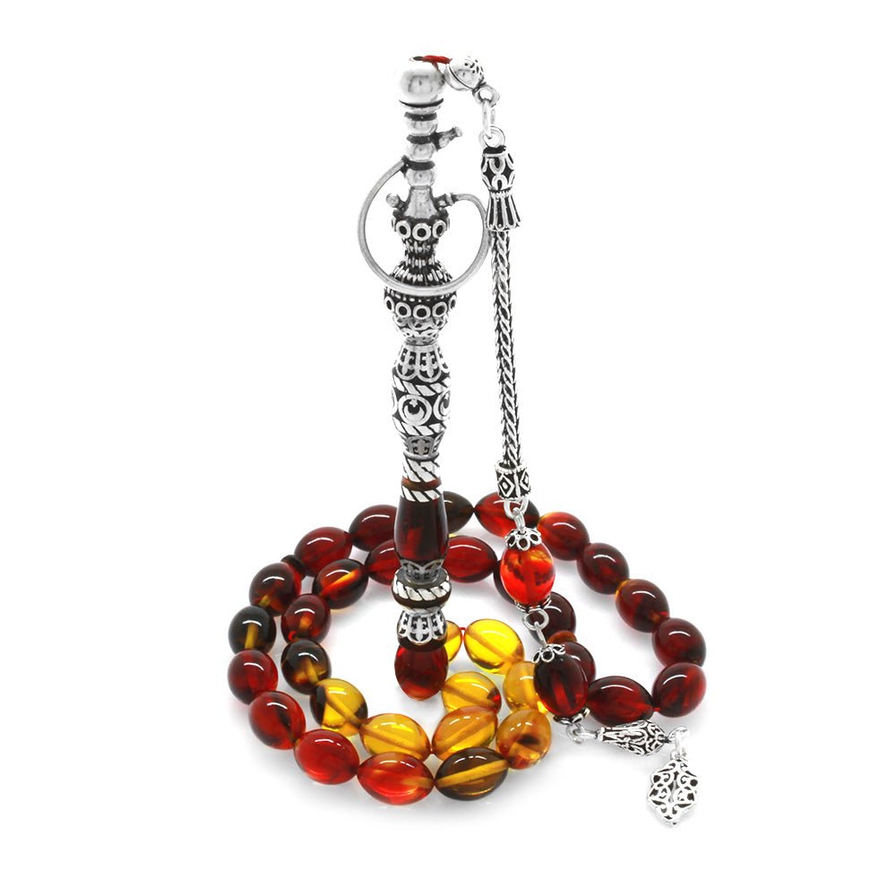 925 Sterling Silver Hookah Design Bala - Black Amber Rosary - EFENDINA PAZAR - Tesbihane - 101003409