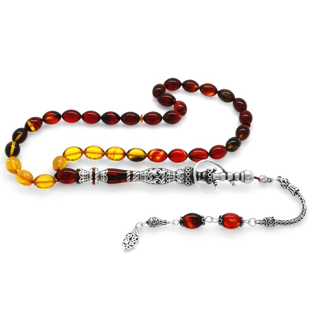 925 Sterling Silver Hookah Design Bala - Black Amber Rosary - EFENDINA PAZAR - Tesbihane - 101003409