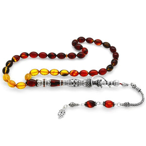 925 Sterling Silver Hookah Design Bala - Black Amber Rosary - EFENDINA PAZAR - Tesbihane - 101003409