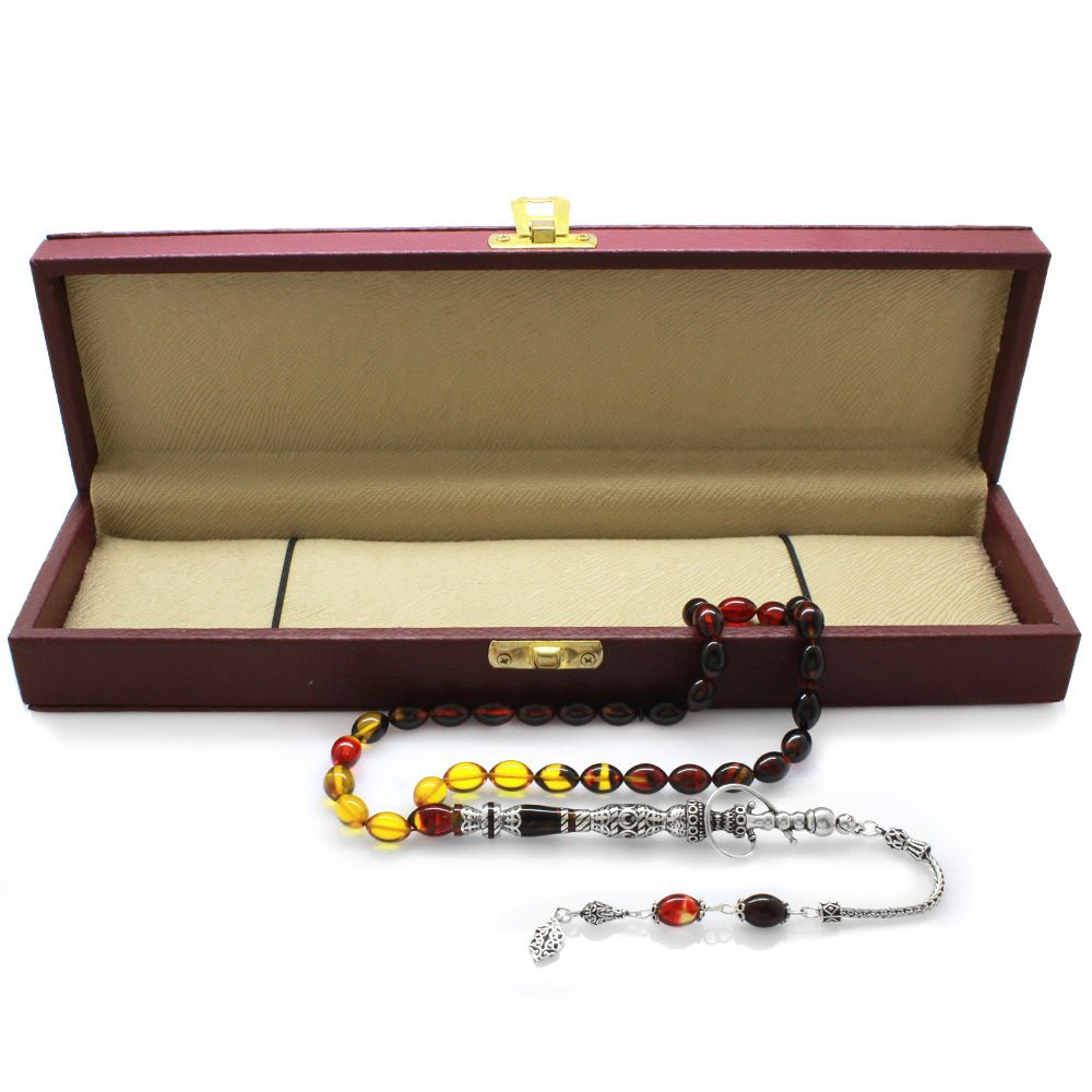 925 Sterling Silver Hookah Design Bala - Black Amber Rosary - EFENDINA PAZAR - Tesbihane - 101003409