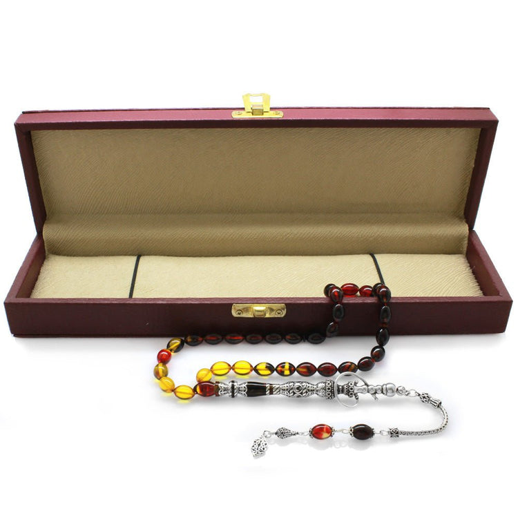 925 Sterling Silver Hookah Design Bala - Black Amber Rosary - EFENDINA PAZAR - Tesbihane - 101003409