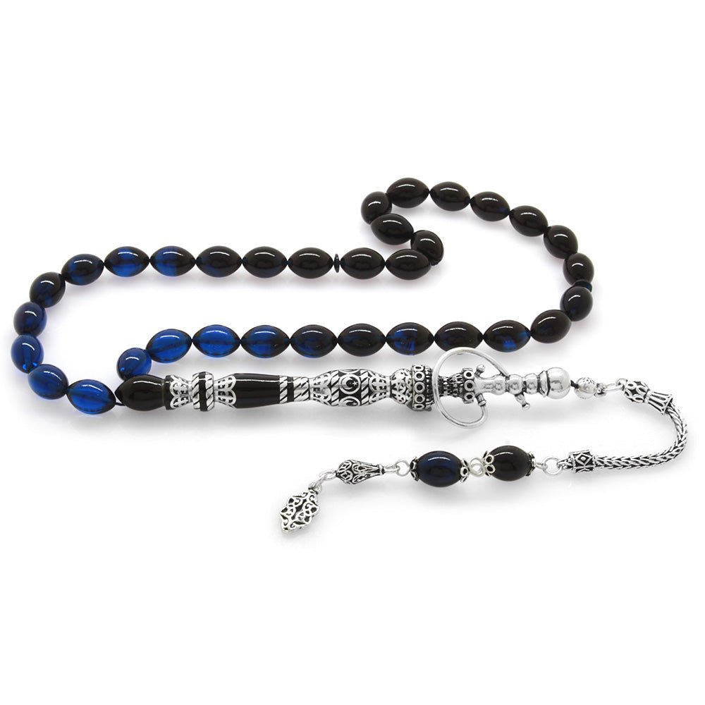925 Sterling Silver Hookah Design Blue - Black Amber Rosary - EFENDINA PAZAR - Tesbihane - 101003393