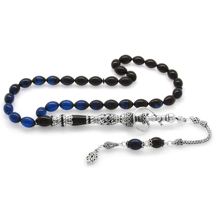 925 Sterling Silver Hookah Design Blue - Black Amber Rosary - EFENDINA PAZAR - Tesbihane - 101003393
