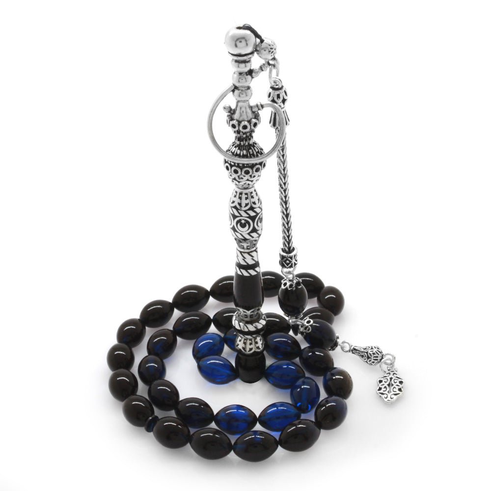 925 Sterling Silver Hookah Design Blue - Black Amber Rosary - EFENDINA PAZAR - Tesbihane - 101003393