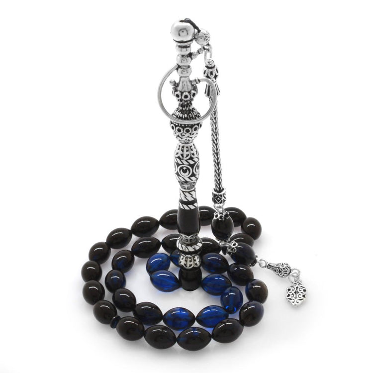 925 Sterling Silver Hookah Design Blue - Black Amber Rosary - EFENDINA PAZAR - Tesbihane - 101003393