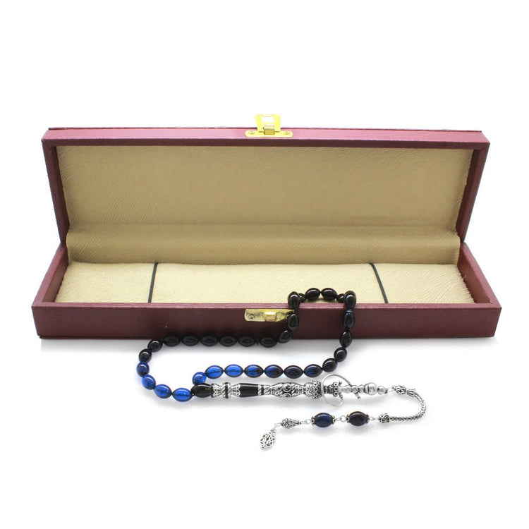 925 Sterling Silver Hookah Design Blue - Black Amber Rosary - EFENDINA PAZAR - Tesbihane - 101003393