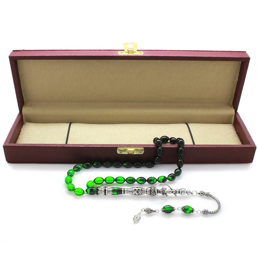 925 Sterling Silver Hookah Design Green - Black Amber Rosary - EFENDINA PAZAR - Tesbihane - 101003417