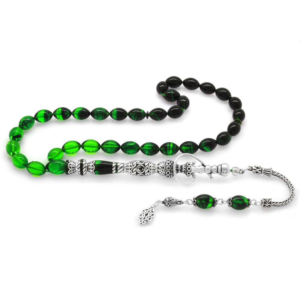 925 Sterling Silver Hookah Design Green - Black Amber Rosary - EFENDINA PAZAR - Tesbihane - 101003417