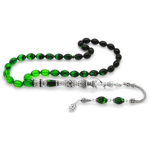 925 Sterling Silver Hookah Design Green - Black Amber Rosary - EFENDINA PAZAR - Tesbihane - 101003417