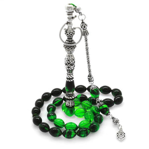 925 Sterling Silver Hookah Design Green - Black Amber Rosary - EFENDINA PAZAR - Tesbihane - 101003417