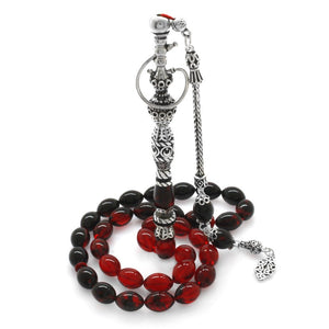 925 Sterling Silver Hookah Design Red - Black Amber Rosary - EFENDINA PAZAR - Tesbihane - 101003401
