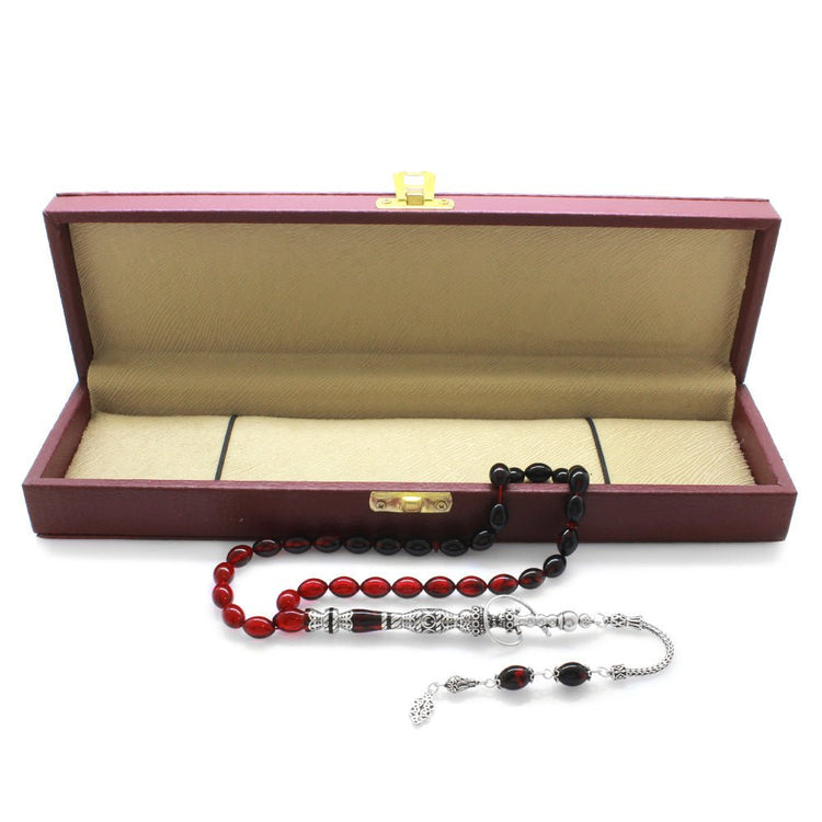 925 Sterling Silver Hookah Design Red - Black Amber Rosary - EFENDINA PAZAR - Tesbihane - 101003401