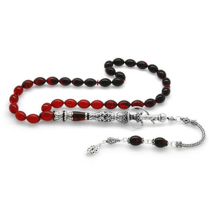 925 Sterling Silver Hookah Design Red - Black Amber Rosary - EFENDINA PAZAR - Tesbihane - 101003401