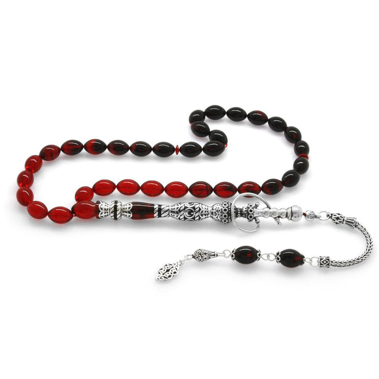 925 Sterling Silver Hookah Design Red - Black Amber Rosary - EFENDINA PAZAR - Tesbihane - 101003401