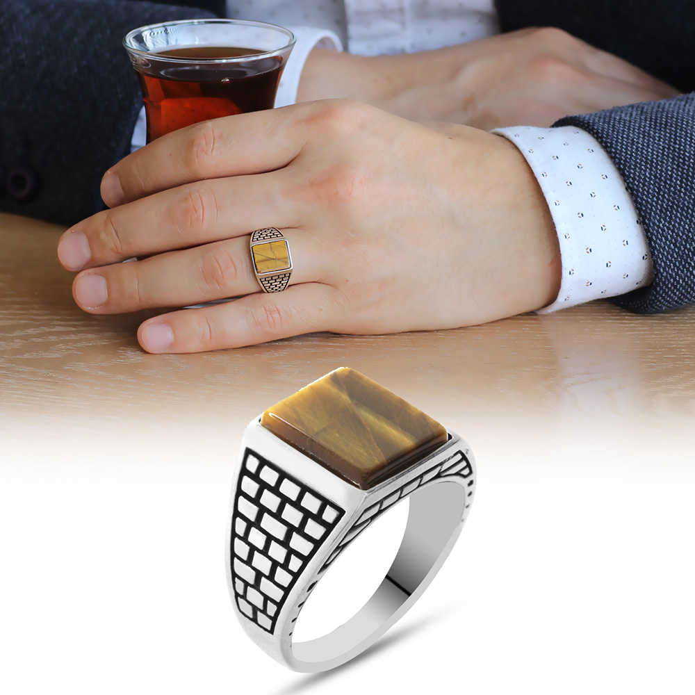 925 Sterling Silver Kaledar Ring with Tiger&#39;s Eye Stone - EFENDINA PAZAR - Tesbihane - 102001783