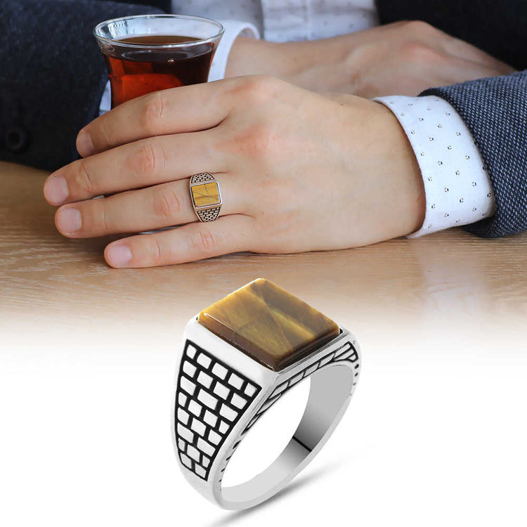925 Sterling Silver Kaledar Ring with Tiger&#39;s Eye Stone - EFENDINA PAZAR - Tesbihane - 102001783