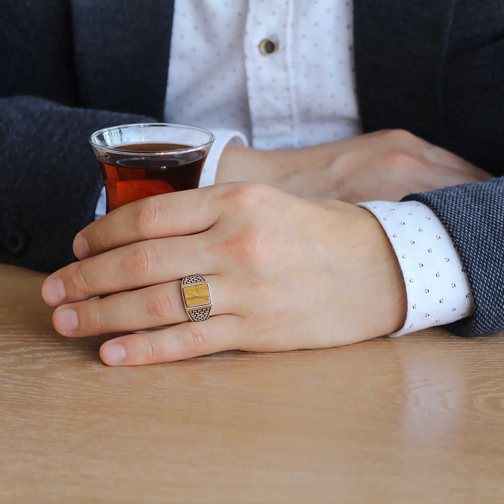 925 Sterling Silver Kaledar Ring with Tiger&#39;s Eye Stone - EFENDINA PAZAR - Tesbihane - 102001783