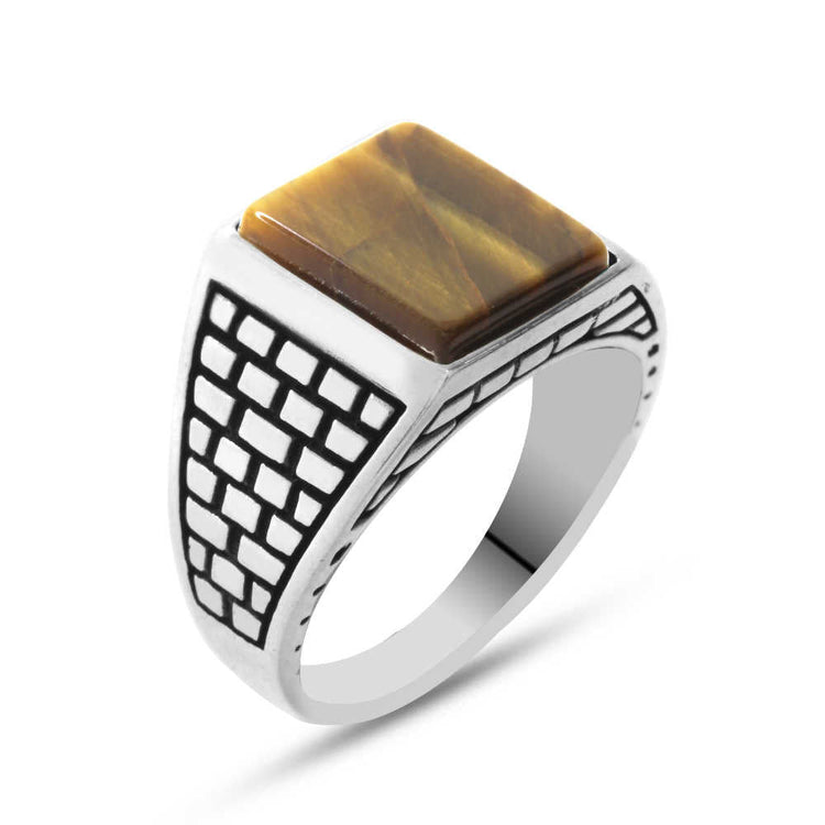 925 Sterling Silver Kaledar Ring with Tiger&#39;s Eye Stone - EFENDINA PAZAR - Tesbihane - 102001783