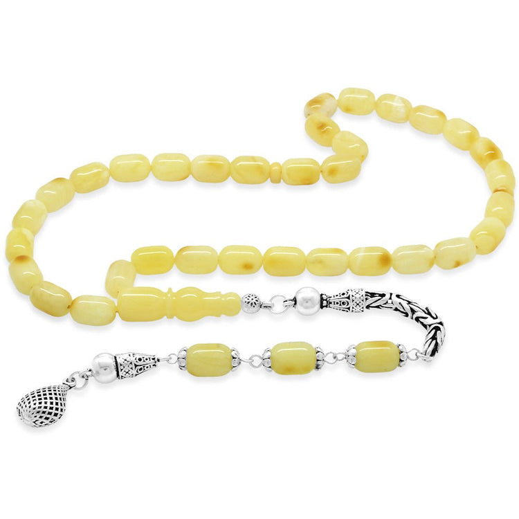 925 Sterling Silver King Chain Spiral End Tassel Capsule Cut White - Yellow Color Patined Drop Amber Rosary - EFENDINA PAZAR - Tesbihane - 101005013