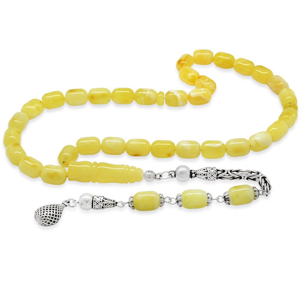 925 Sterling Silver King Chain Spiral End Tasseled Capsule Cut Natural Drop Amber Rosary with Yellow - White Color Patin - EFENDINA PAZAR - Tesbihane - 101005016