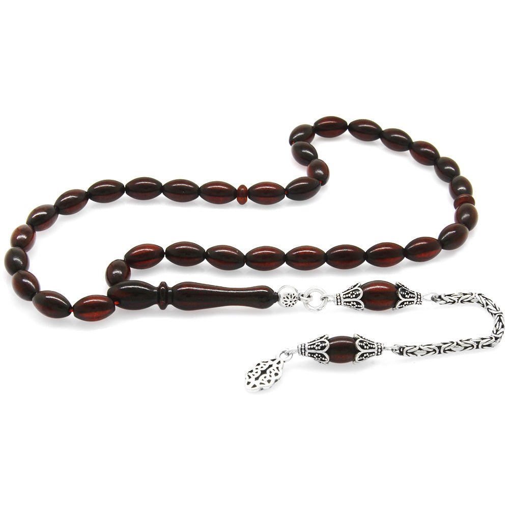 925 Sterling Silver King Chain Tasseled Barley Cut Dark Red Drop Amber Rosary - EFENDINA PAZAR - Tesbihane - 101004311