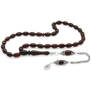 925 Sterling Silver King Chain Tasseled Barley Cut Dark Red Drop Amber Rosary - EFENDINA PAZAR - Tesbihane - 101004311