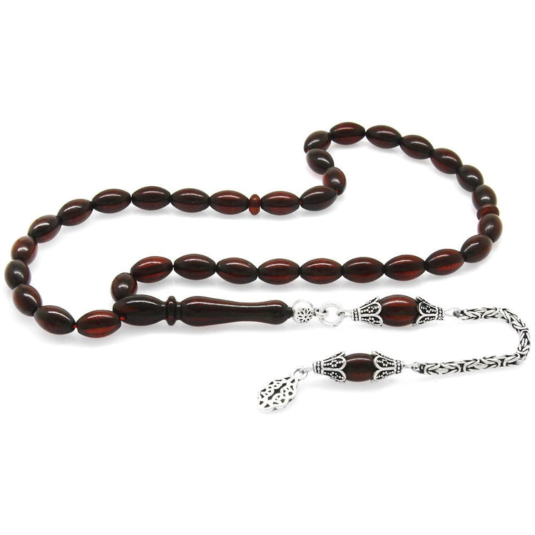 925 Sterling Silver King Chain Tasseled Barley Cut Dark Red Drop Amber Rosary - EFENDINA PAZAR - Tesbihane - 101004311