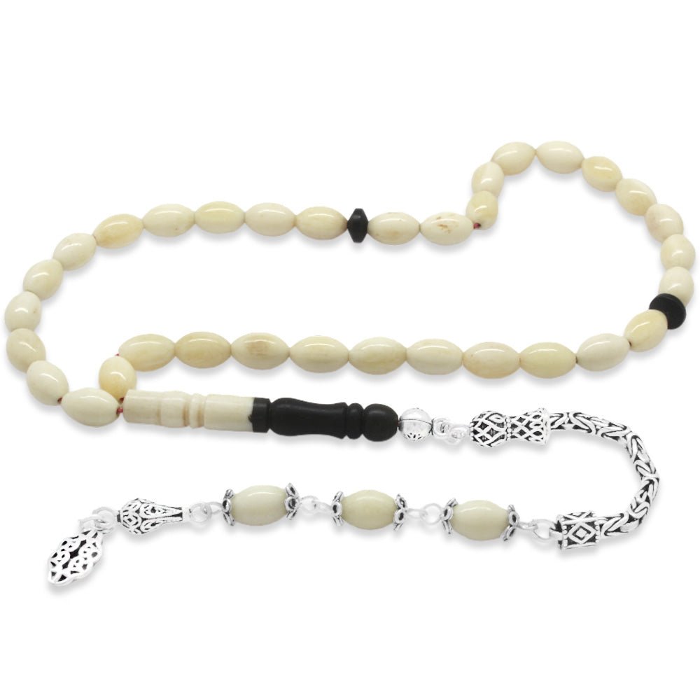 925 Sterling Silver King Chain Tasseled Barley Cut Ebony Combination Natural Camel Bone Rosary - EFENDINA PAZAR - Tesbihane - 101004763