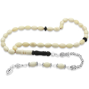 925 Sterling Silver King Chain Tasseled Barley Cut Ebony Combination Natural Camel Bone Rosary - EFENDINA PAZAR - Tesbihane - 101004763