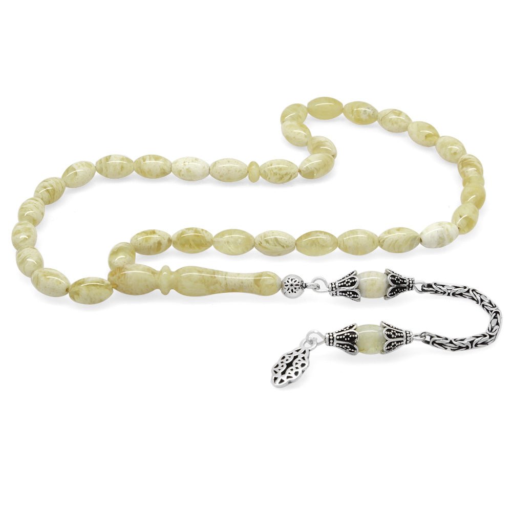 925 Sterling Silver King Chain Tasseled Barley Cut King Seccer Yellow - White Moire Drop Amber Rosary - EFENDINA PAZAR - Tesbihane - 101004299