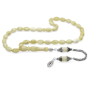 925 Sterling Silver King Chain Tasseled Barley Cut King Seccer Yellow - White Moire Drop Amber Rosary - EFENDINA PAZAR - Tesbihane - 101004299