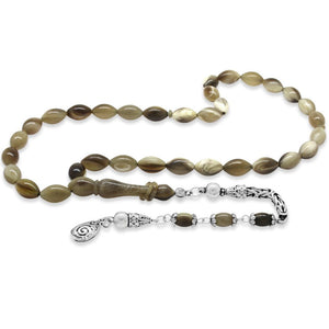 925 Sterling Silver King Chain Tasseled Barley Cut Natural Color Buffalo Horn Prayer Beads - EFENDINA PAZAR - Tesbihane - 101004777