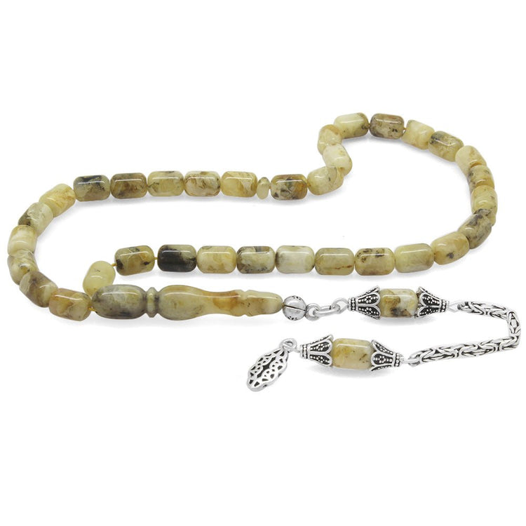 925 Sterling Silver King Chain Tasseled Capsule Cut Dalmatian Drop Amber Rosary - EFENDINA PAZAR - Tesbihane - 101004295