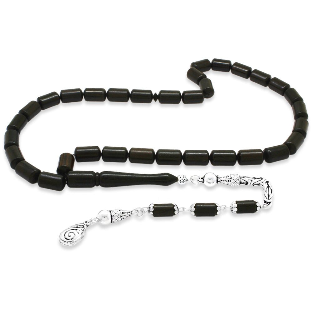 925 Sterling Silver King Chain Tasseled Capsule Cut Ebony Tree Rosary - EFENDINA PAZAR - Tesbihane - 101004780