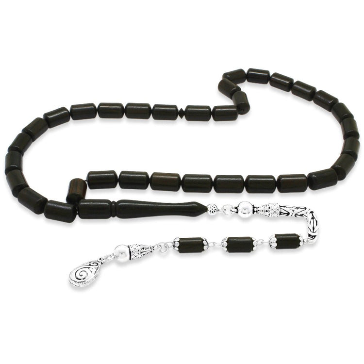 925 Sterling Silver King Chain Tasseled Capsule Cut Ebony Tree Rosary - EFENDINA PAZAR - Tesbihane - 101004780
