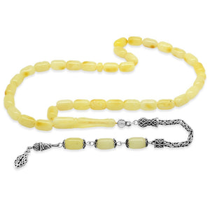 925 Sterling Silver King Chain Tasseled Capsule Cut White - Yellow Color Patined Drop Amber Rosary - EFENDINA PAZAR - Tesbihane - 101005007