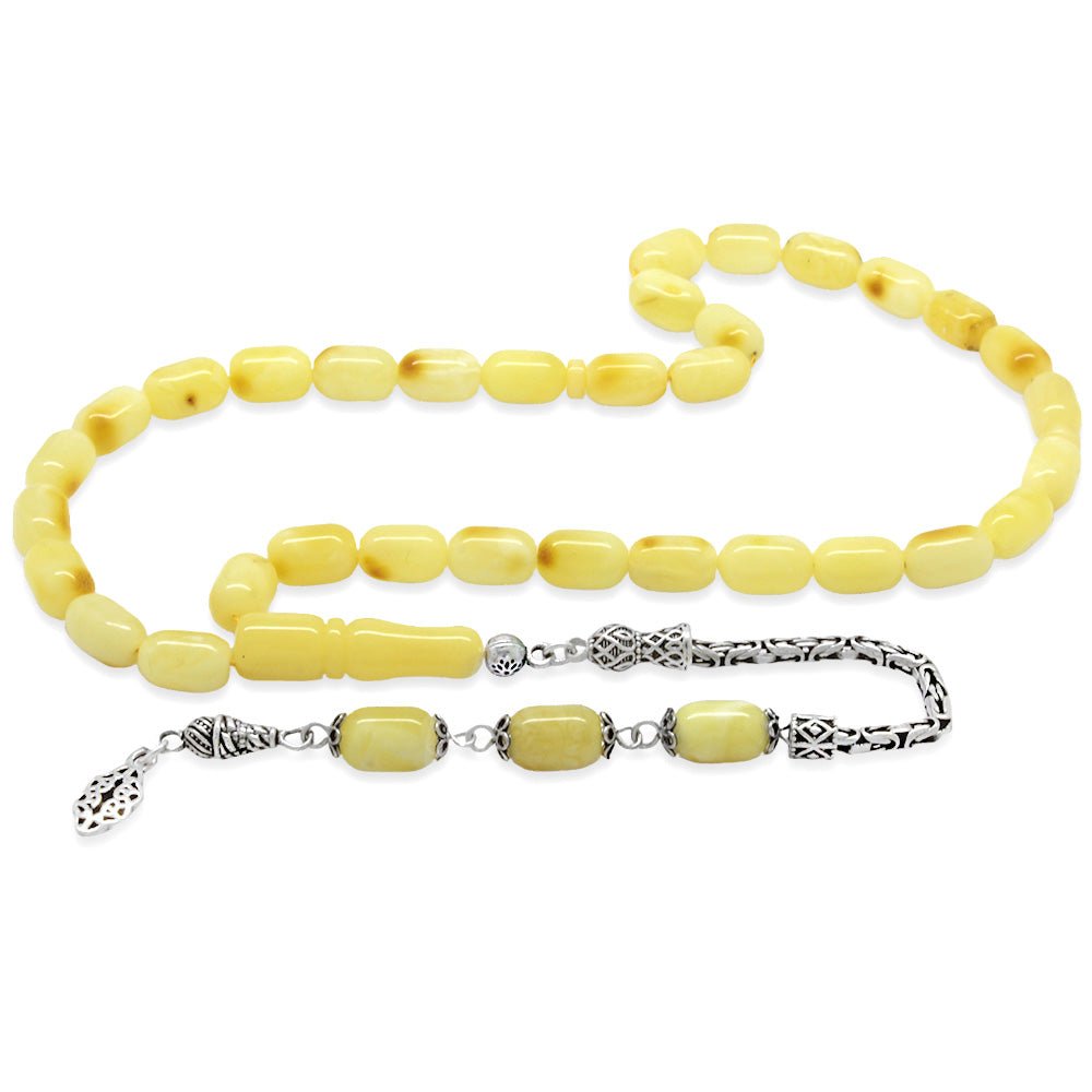 925 Sterling Silver King Chain Tasseled Capsule Cut White - Yellow Moire Henna Drop Amber Rosary - EFENDINA PAZAR - Tesbihane - 101005011