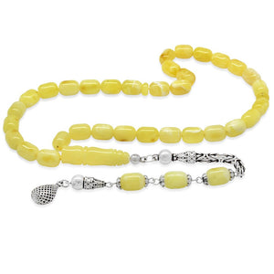 925 Sterling Silver King Chain Tasseled Capsule Cut White - Yellow Moire Hennaed Natural Drop Amber Rosary - EFENDINA PAZAR - Tesbihane - 101005017