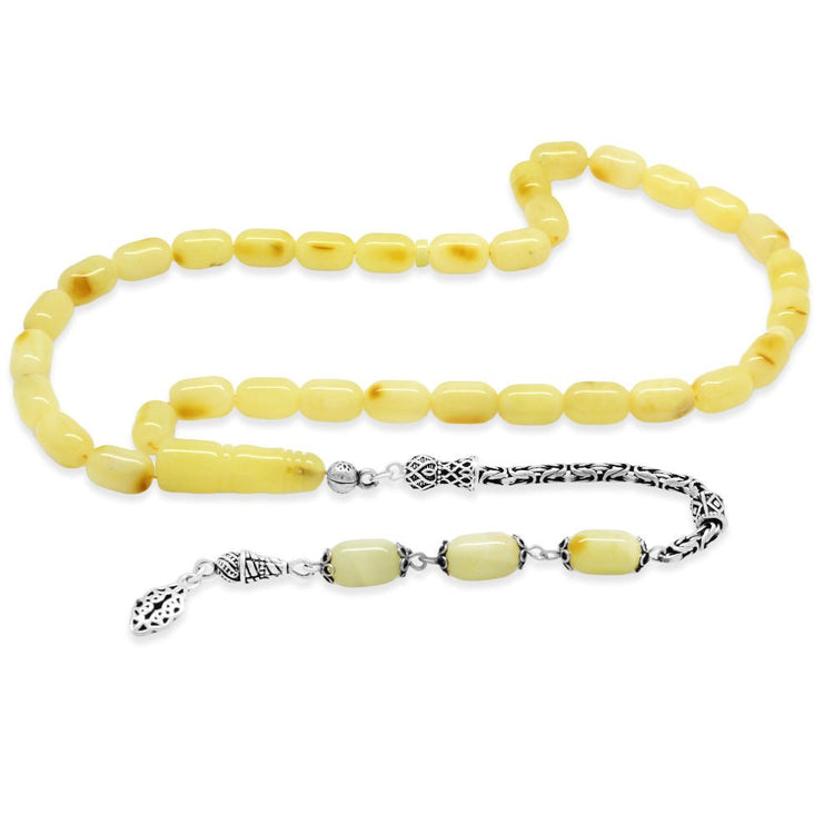 925 Sterling Silver King Chain Tasseled Capsule Cut White - Yellow Moire Patined Drop Amber Rosary - EFENDINA PAZAR - Tesbihane - 101005009