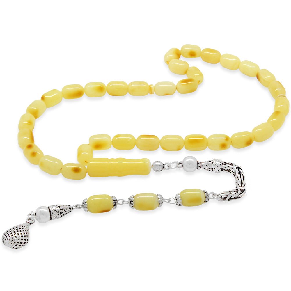 925 Sterling Silver King Chain Tasseled Capsule Cut Yellow - White Moire Henna Drop Amber Rosary - EFENDINA PAZAR - Tesbihane - 101005012
