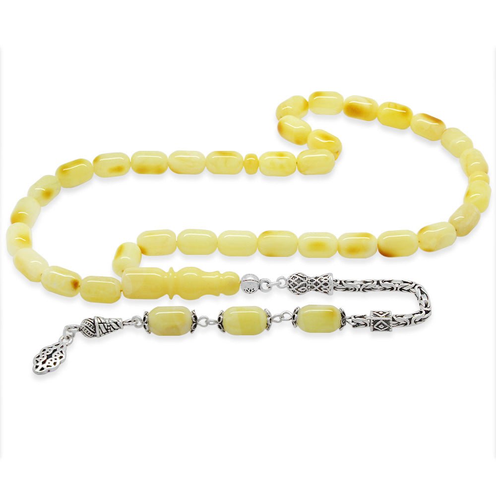 925 Sterling Silver King Chain Tasseled Capsule Cut Yellow - White Moire Patined Drop Amber Rosary - EFENDINA PAZAR - Tesbihane - 101005010