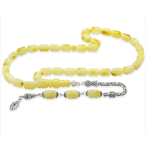 925 Sterling Silver King Chain Tasseled Capsule Cut Yellow - White Moire Patined Drop Amber Rosary - EFENDINA PAZAR - Tesbihane - 101005010