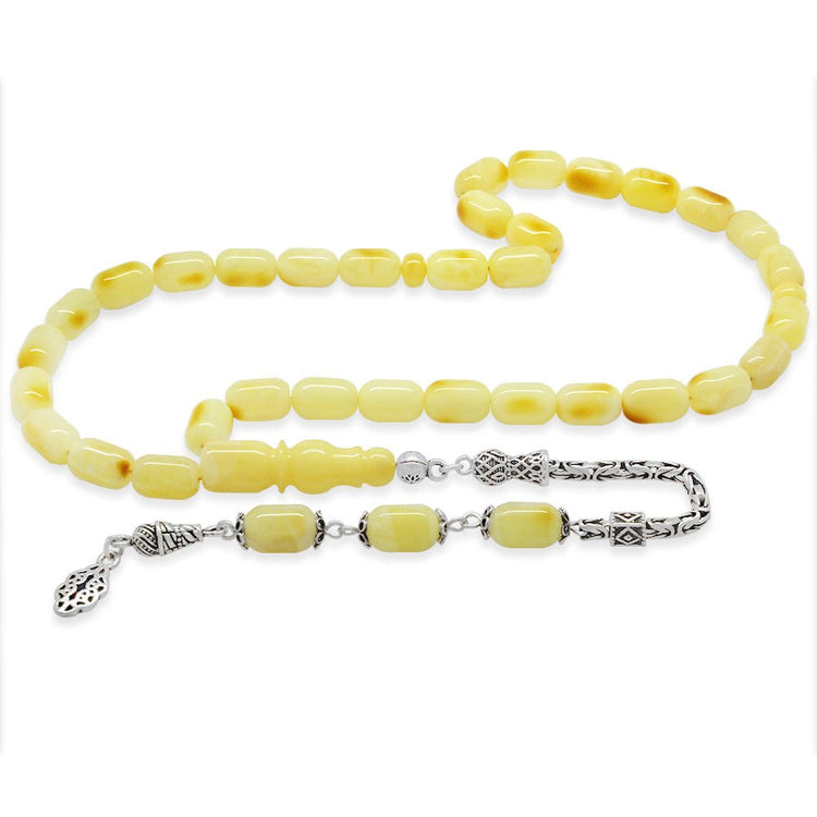 925 Sterling Silver King Chain Tasseled Capsule Cut Yellow - White Moire Patined Drop Amber Rosary - EFENDINA PAZAR - Tesbihane - 101005010